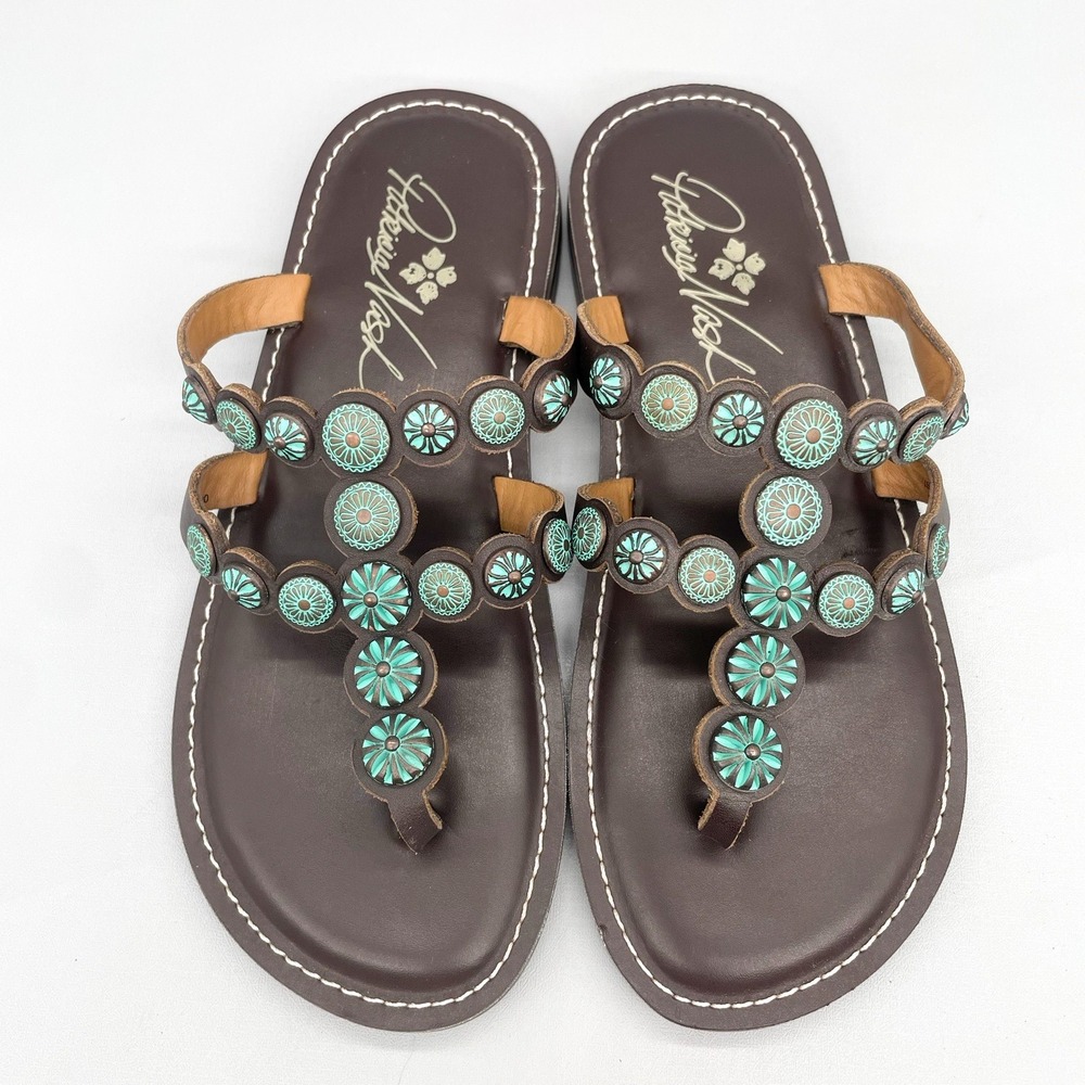 Patricia Nash Womens 6M Fiorella Sandals Shoe Brown Turquoise Thong T Strap Flat
